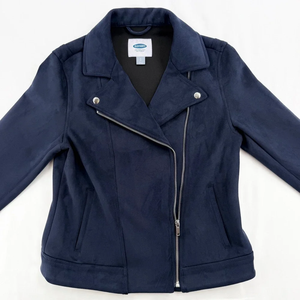 Old Navy Womens Navy Blue Faux Suede Moto Biker Jacket Small Asymmetrical Zip